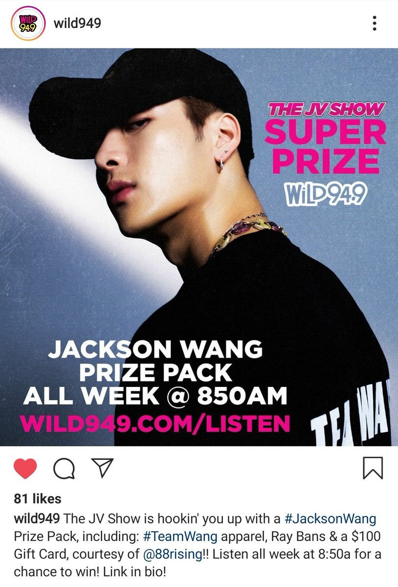 JacksonWGlobal's tweet photo. [INSTA] 200721

theoriginaljv: EVERY morning (*this week) at 8:50am on @wild949 we have Jackson Wang prize packs! Including Team Wang t-shirts, beanies, Ray Ban sunglasses, and $100 dollars!

https://t.co/TBJkvEVD5c

#JacksonWang #王嘉尔 #잭슨 #TEAMWANG #GOT7 @JacksonWang852 https://t.co/28k6qYi9or