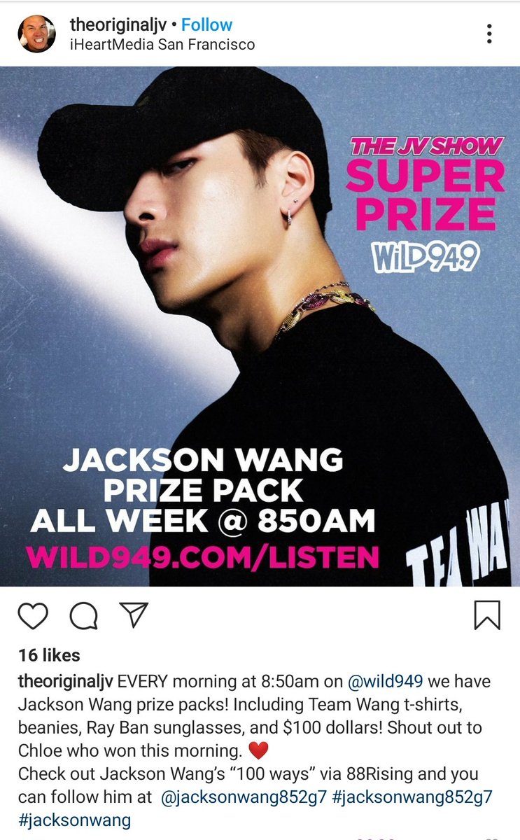 JacksonWGlobal's tweet photo. [INSTA] 200721

theoriginaljv: EVERY morning (*this week) at 8:50am on @wild949 we have Jackson Wang prize packs! Including Team Wang t-shirts, beanies, Ray Ban sunglasses, and $100 dollars!

https://t.co/TBJkvEVD5c

#JacksonWang #王嘉尔 #잭슨 #TEAMWANG #GOT7 @JacksonWang852 https://t.co/28k6qYi9or
