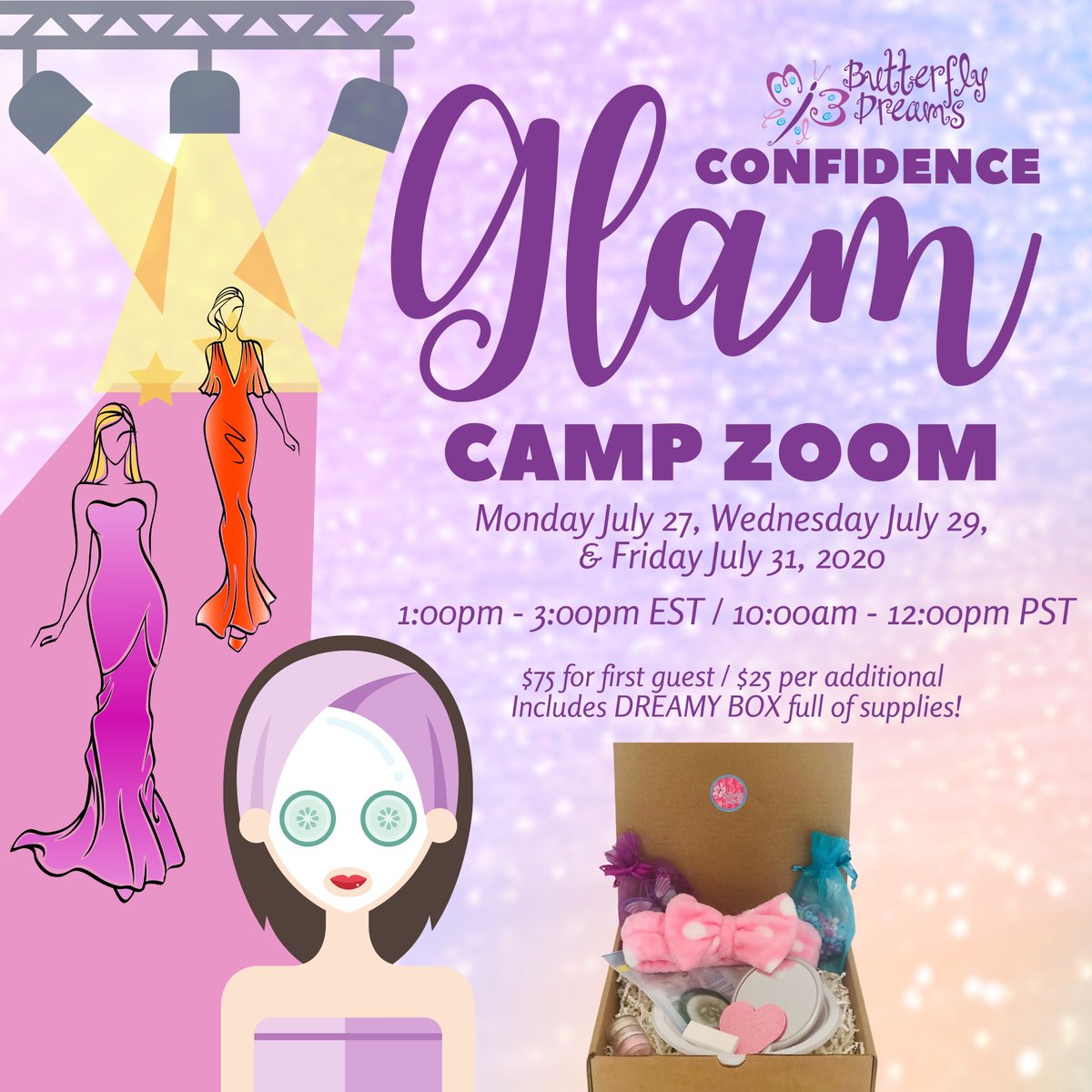BflyDreamsParty's tweet photo. We are so excited about our Confidence Glam Camp Zoom happening next week! This Camp is all about empowering tweens &amp; teens to Just Be, Dream Big, and Learn that You Rock! Head over to our Facebook page for more info! #CampZoom #VirtualCamp #VirtualSummerCamp https://t.co/c6OUxBXoKo