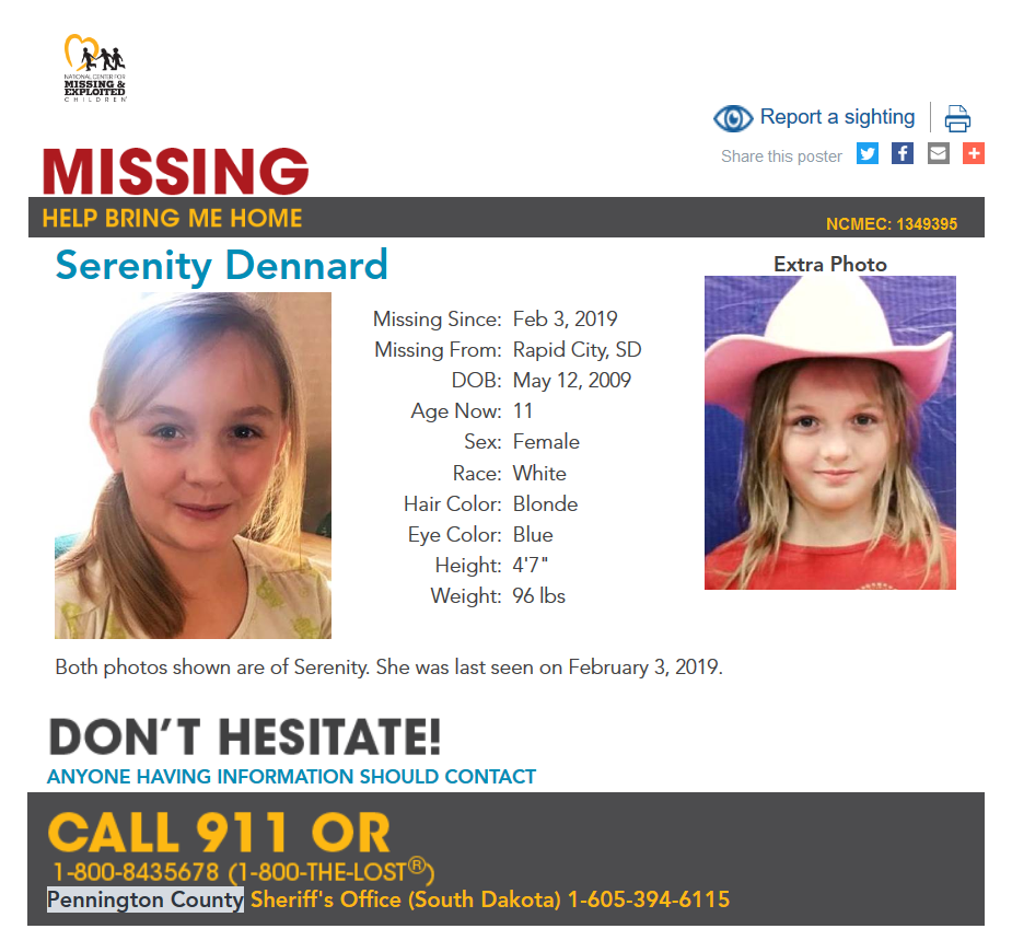 Todd_Scheve's tweet photo. 11 year old Serenity Dennard has been #missing from #RapidCity in #PenningtonCounty #SouthDakota since February 3, 2019
https://t.co/oIBurvOvoQ https://t.co/eKJCE7XFQL