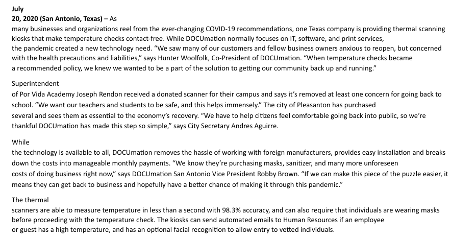 satscribe's tweet photo. Inbox press release: @DOCUmation_Inc is offering thermal scanners for Texas businesses, schools &amp; nonprofits trying to operate during the #COVIDー19 pandemic. https://t.co/NJgnQMvgKj