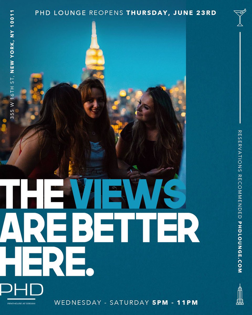 We are proud to announce we’re coming back 🎉

@phdrooftopny reopens this THURSDAY, July 23rd with new social distancing requirements. Reservations are strongly recommended.  Visit PHDLounge.com to make one today ✨ #TheViewsAreBetterHere
