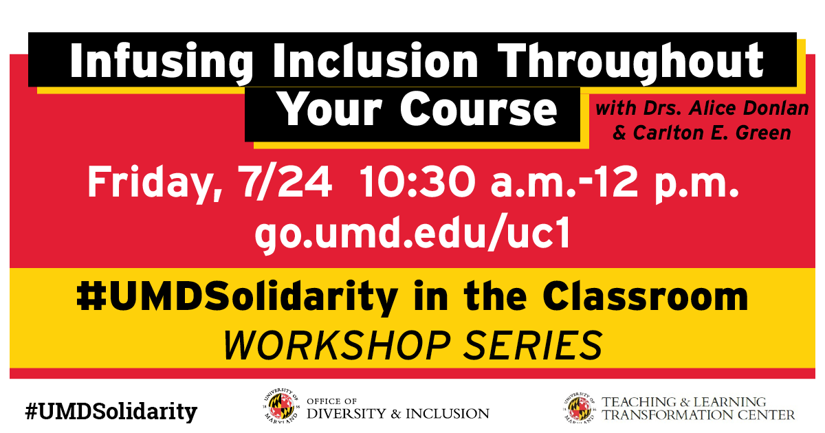 DiverseTerps's tweet photo. How can equity and inclusion be infused throughout all courses we teach? What can inclusive pedagogy look like online and face-to-face? 

Find out this Friday at 10:30 am ET in "Infusing Inclusion Throughout Your Course" with @TLTC_UMD and ODI! 

RSVP: https://t.co/3tezG5yABE https://t.co/RFOikZlBBJ