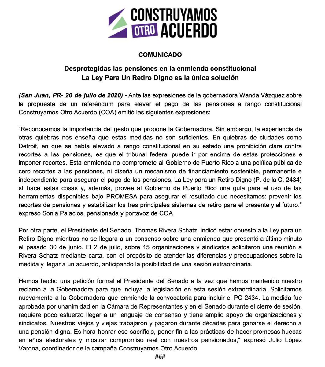 OtroAcuerdo's tweet photo. Hoy nos enteramos que la Gobernadora @wandavazquezg quiere elevar la protección de las pensiones a rango constitucional.
Desgraciadamente, entendemos que esta acción es insuficiente. Por ello nos mantenemos firmes en pedir la aprobación de la Ley Para Un Retiro Digno #PC2434 https://t.co/IN54IXBJmK