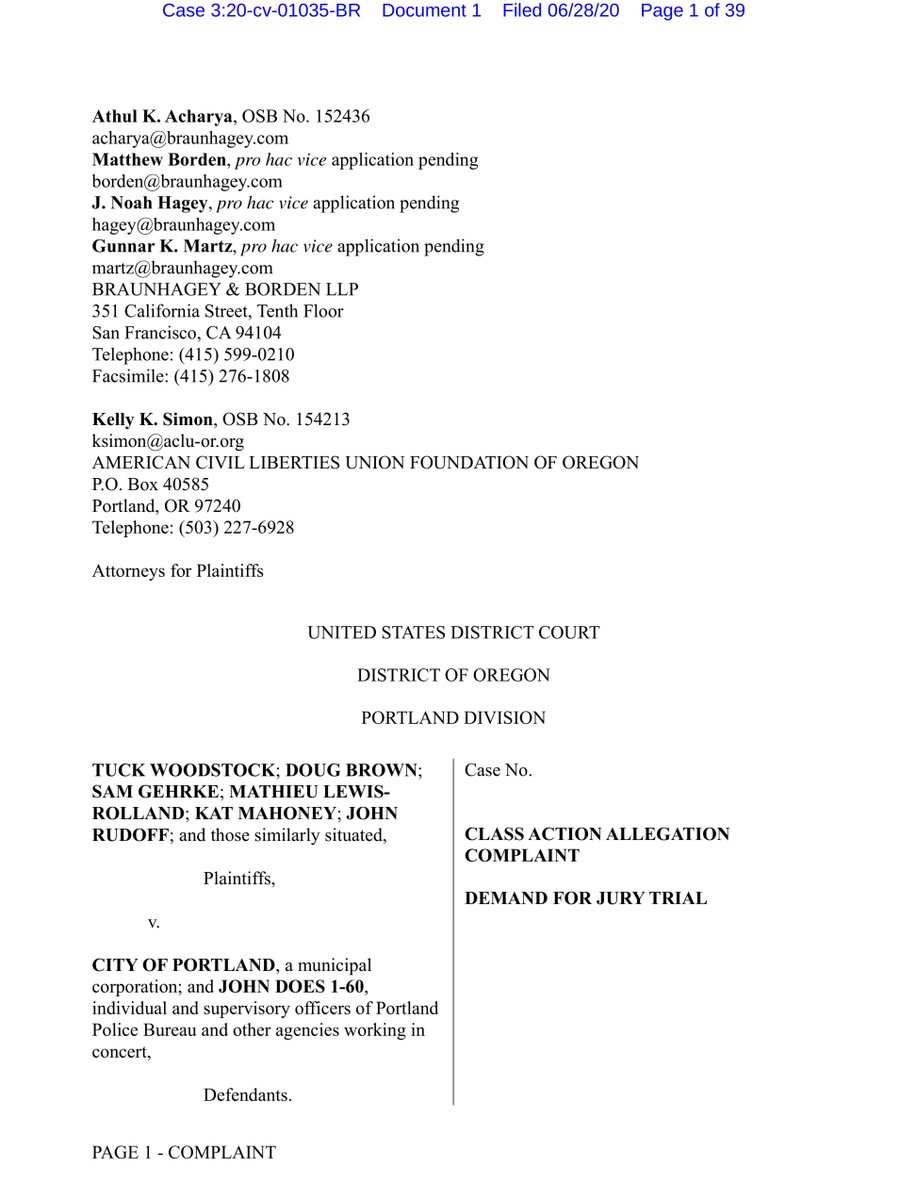 Yet a 3rd (arguably the two lawsuits filed by the ACLU & OR AG are the progeny of this case)Woodstock v. City of Portland Case No 3:20-cv-01035Filed on 6/28/2020link to original complaint it largely centers around the Portland Police & it’s critical https://ecf.ord.uscourts.gov/doc1/15107578103?caseid=153126