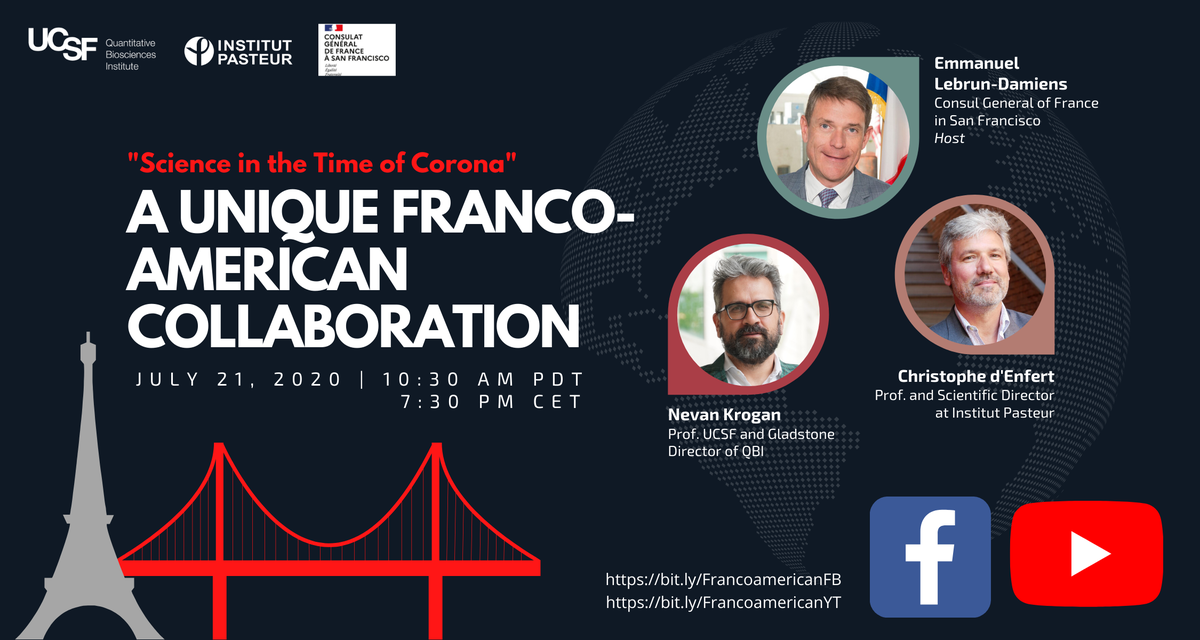 Join us tomorrow for a live episode of "Science in the Time of Corona" hosted by <a href="/elebrundamiens/">Emmanuel Lebrun-Damiens</a>, featuring <a href="/c_denfert/">Christophe d'Enfert</a> and <a href="/KroganLab/">Krogan Lab</a> on the importance of scientific collaboration during and beyond a pandemic. Tune in on Facebook or Youtube!

Register: bit.ly/Francoamerican