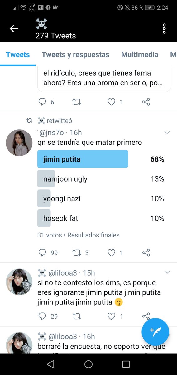 Black32777934's tweet photo. Esta cuenta a que denunciarlo, jimin no merece tanto odio, y las blink o como se diga, le están deseando la muerte a jimin, las hijas de su put@ m*dr*, tienen la mollera sumida #jiminputita https://t.co/Hq7M7b27Kw