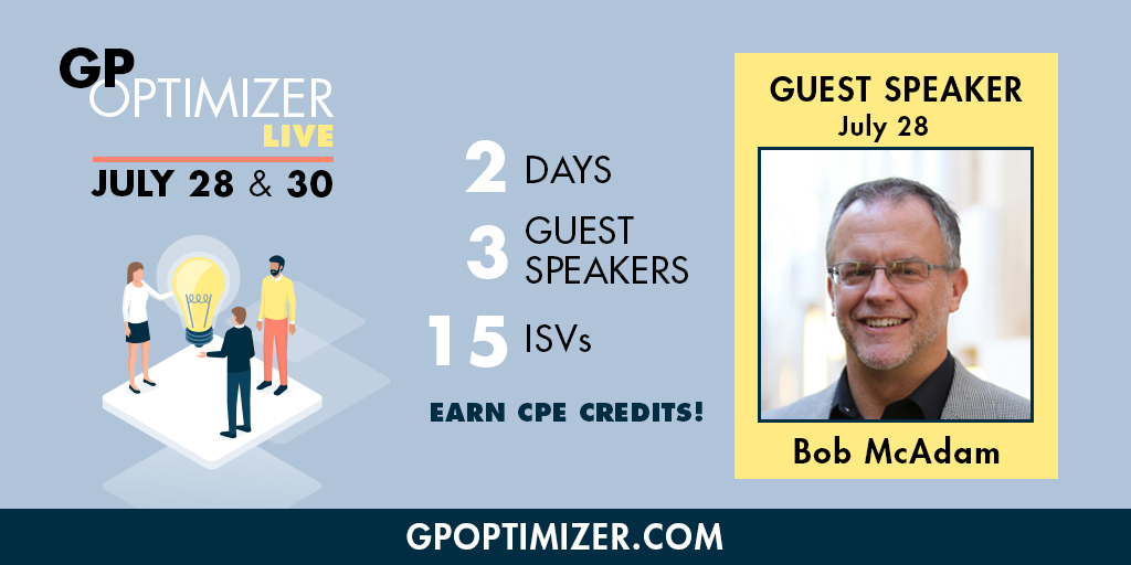 DynamicBudgets's tweet photo. Next week, join Bob McAdam @4mcadam as he shares insights on Community Summit, Local User Groups, and other Community centric information all at #GPOptimizerLive. Click the link below and grab your ticket today!

#MSDynGP #DynamicsGP #GPOptimizerLive

https://t.co/3HBbfmUlKM https://t.co/VpgvIQK7Cn