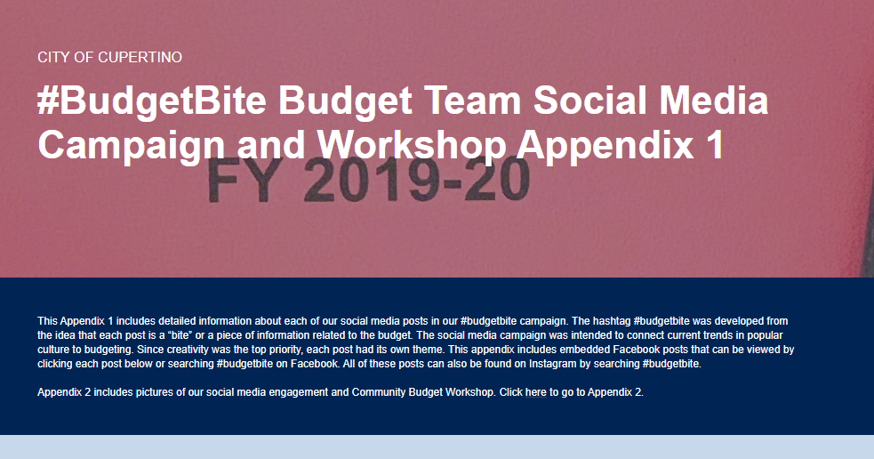 OpenGovInc's tweet photo. Congrats to the team at the @CityofCupertino for winning the @CAPIOTweets Community Relations/Participation category for their #budgetbite social media takeover and community workshop using @OpenGovInc. View their campaign here -  https://t.co/Ic0MKzIseo https://t.co/uCThClMJJ0