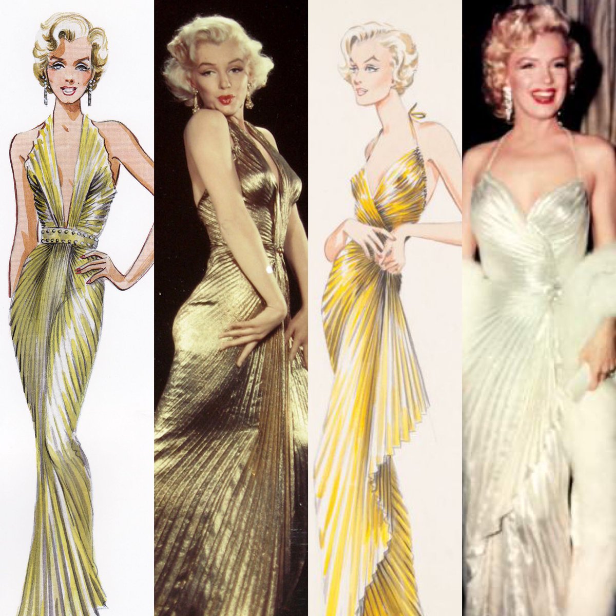 MMCollection's tweet photo. Oscar winning designer Billy Travilla designed stunning costumes for several of Marilyn's films. For Gentlemen Prefer Blondes he created two evening dresses in lamé fabric, one in gold and one in silver. Which is your favorite? #marilynmonroe https://t.co/N7GMqA8G3Z