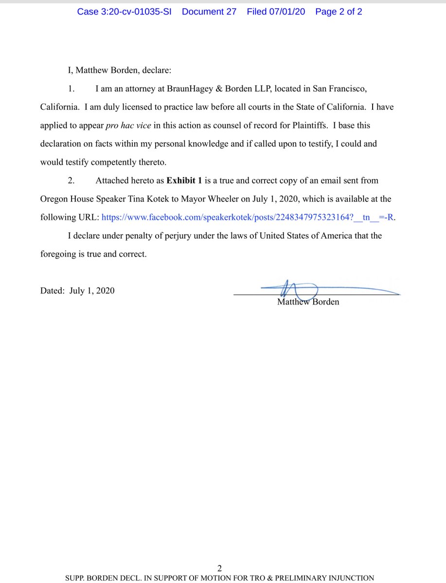 On July 1m 2020 Plaintiffs filed a:”Supplemental Declaration of Matthew Borden in Support of Plaintiffs' Motion for Temporary Restraining Order. Filed by All Plaintiffs” https://ecf.ord.uscourts.gov/doc1/15107582942?caseid=153126this is the link embedded in the declaration: https://www.facebook.com/speakerkotek/posts/2248347975323164?__tn__=-R