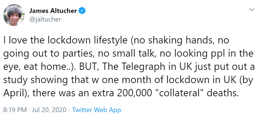 Here's a nice little case study in what used to be called 'fake news'. It may be worth reading if you've seen that '200,000 lockdown deaths' number.This is a short thread on how the tweet below is wrong, and how the Telegraph headline it misquotes was wrong.