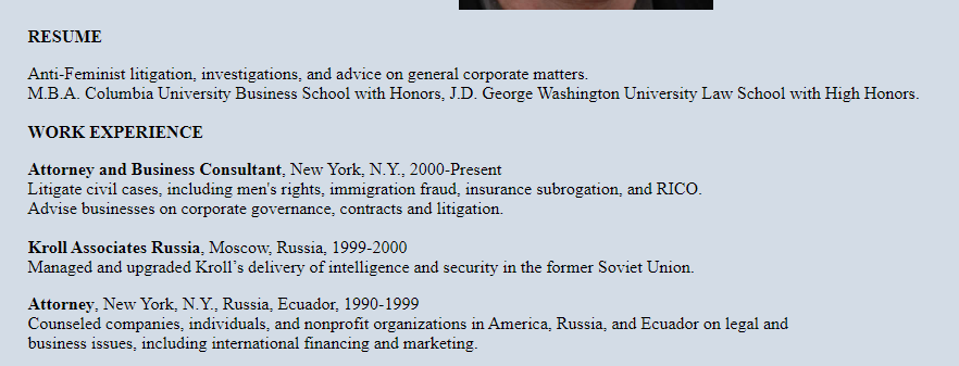 Yes, I'm aware that Hollander once lived in Russia and was married to a Russian woman.He lived and worked in Russia in the 90's, returned to NYC in 2000, and divorced the woman in question in 2001 - a bitter divorce that likely sent him down the MRA rabbit hole.