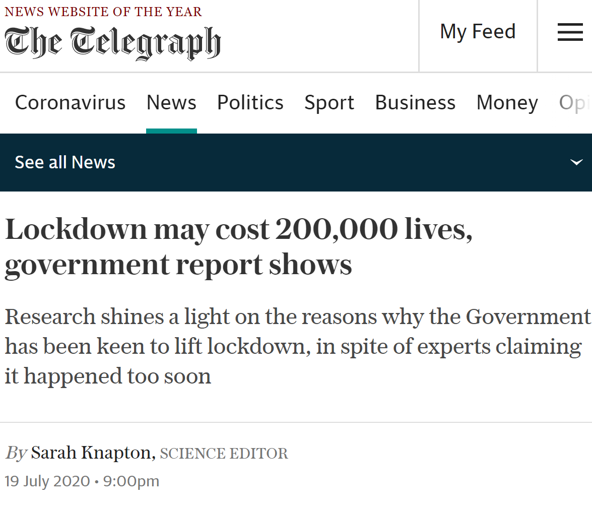 Pretty clear from those, right? "Coronavirus lockdown could cause '200,000' extra deaths'.Here is the actual Telegraph headline itself: