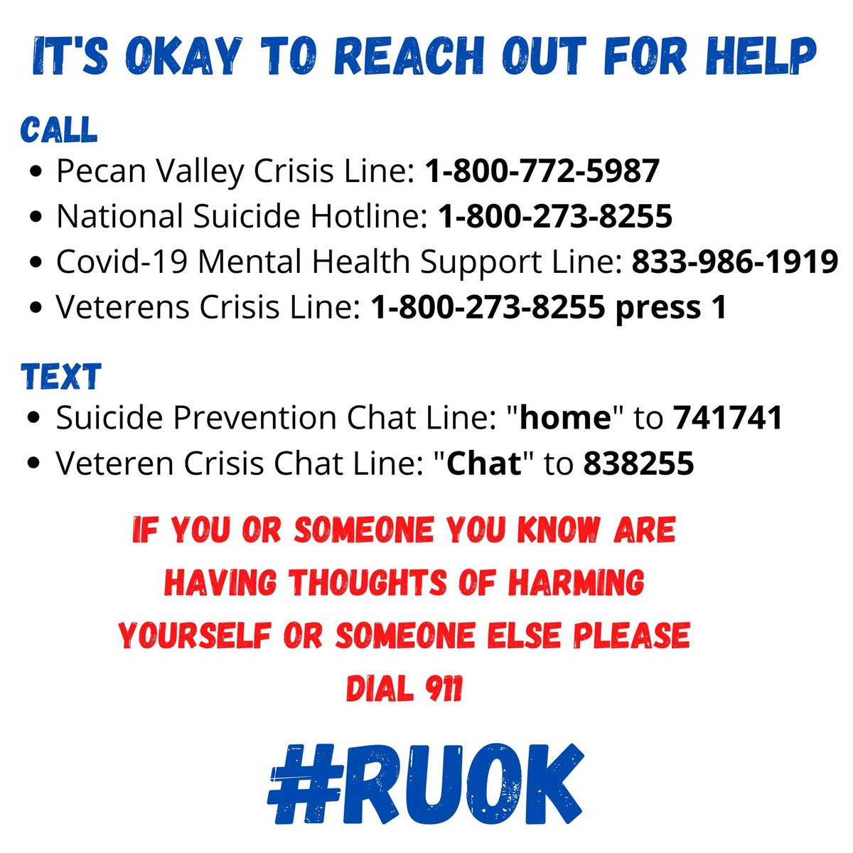 PVCMHMR's tweet photo. Are you okay? If you're not, it's okay to reach out for help. Please see our graphic below so you know who to call when you need help. 

#RUOK #SuicideAwareness #mentalhealthmatters #COVIDー19 #hoodcounty #parkercounty #palopinto #johnsoncounty #somervellcounty #erathcounty https://t.co/MTD4zmhWvC