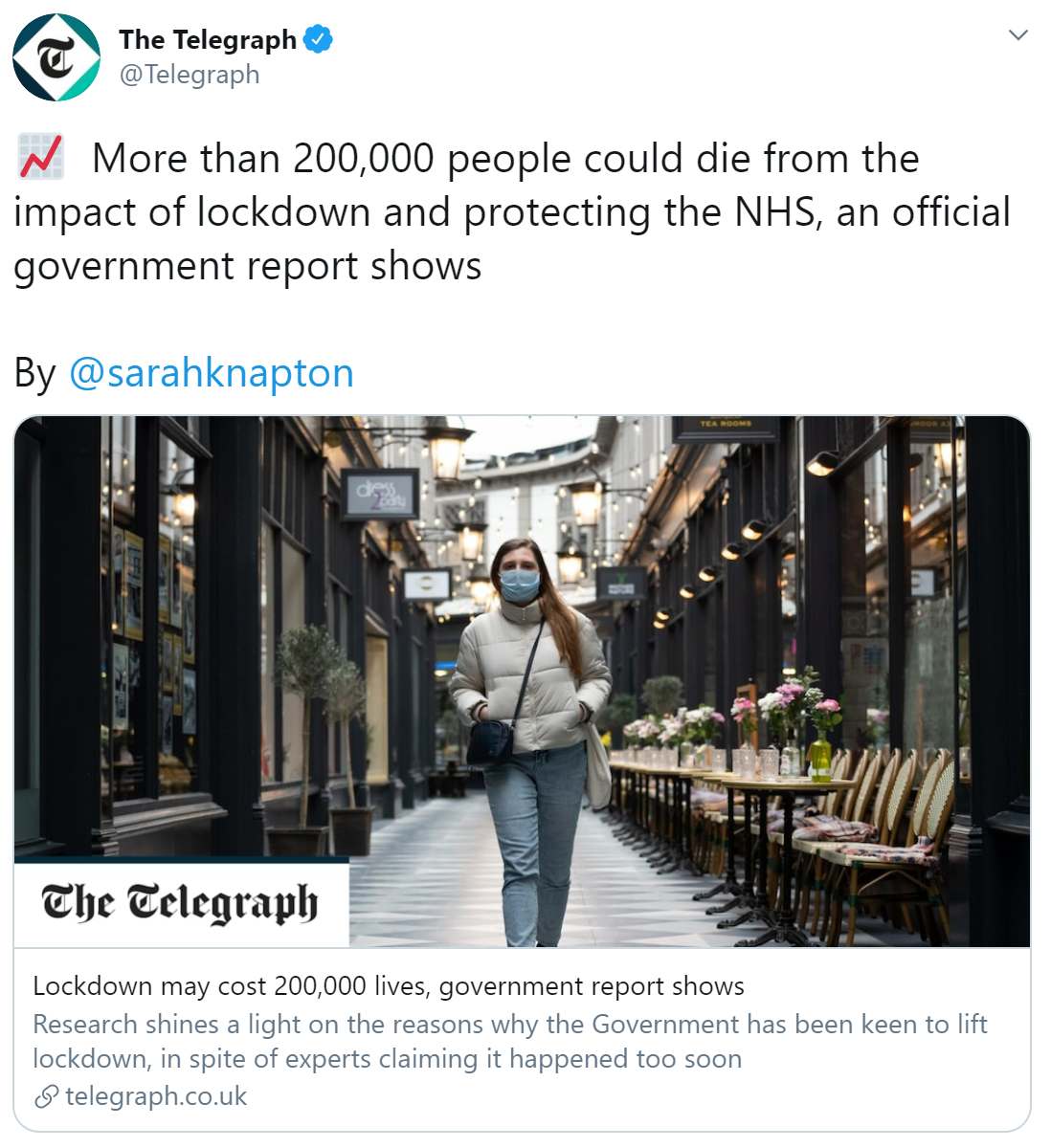 "Lockdown may cost 200,000 lives, government report shows".But below is how the Telegraph summarised it on Twitter. Note the difference: "Lockdown *and* protecting the NHS"