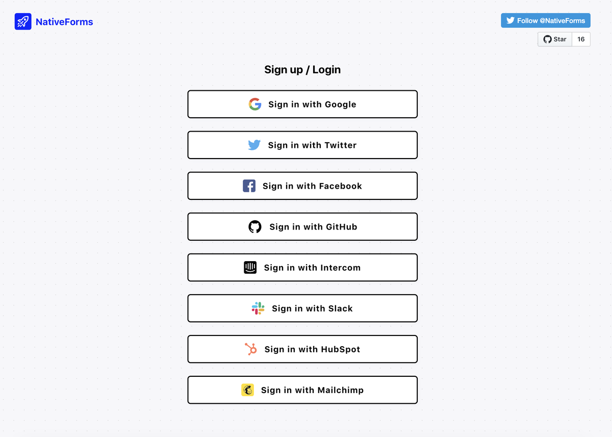 NativeForms's tweet image. What do you think about our new /login page? No email/password registration 🔓 We focus on integrating with other platforms 🔥 This is the easiest and fastest way for new users to start working with you product 👍