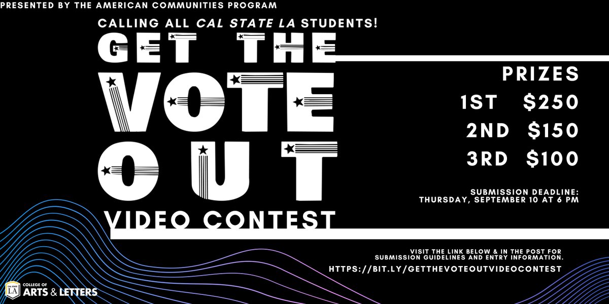 calstatelaAL's tweet photo. Calling all @CalStateLA Students! Get the Vote Out Video Contest: https://t.co/WUAbuxdWJj
The submission deadline is September, 10 at 6 PM.  
#CalStateLA #CalStateLAAL https://t.co/BWifetz825