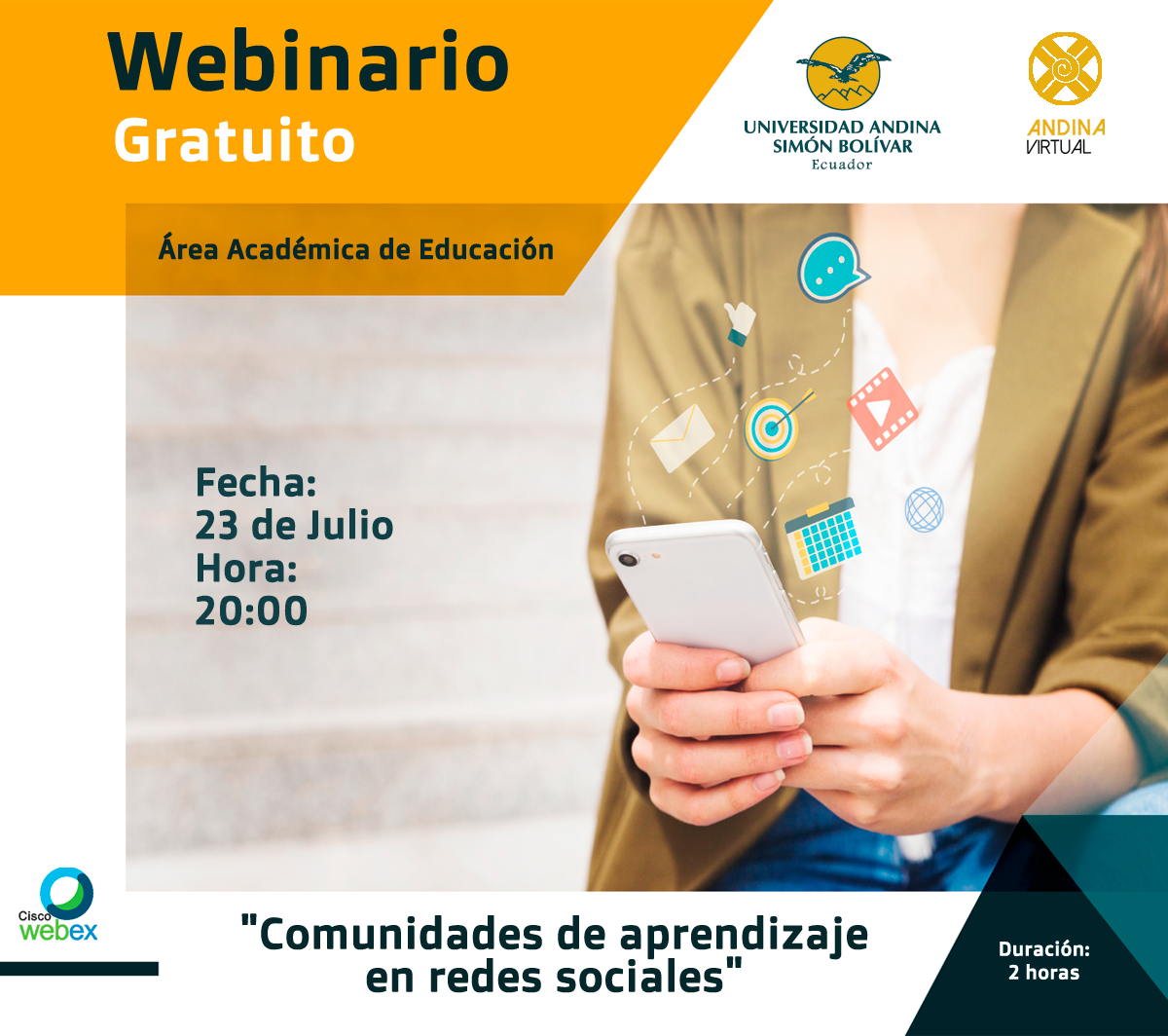FormAndinaEc's tweet photo. 💯 #UASBLive
📍 #Webinario | 📱💻 Comunidades de aprendizaje en redes sociales
📆 Jueves, 23 de julio de 2020 ⏰ 20H00
🤓 Inscríbete ➡ https://t.co/O1B5vU4jZI
💲 Costo: 10 dólares si solicitas certificado

@uasbecuador @jorgeballadares @natasha11_11 https://t.co/OpWfXIkKYe