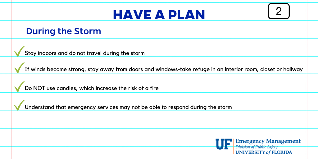 UFPublicSafety's tweet photo. For today's #PrepTalkMonday, we're sharing the first of three components of the Department of Emergency Management's core motto: Have a Plan, Build a Kit, Stay Informed. Before a storm approaches, we strongly recommend that everyone develop their own personalized plan of action. https://t.co/WMnWAgBB5t