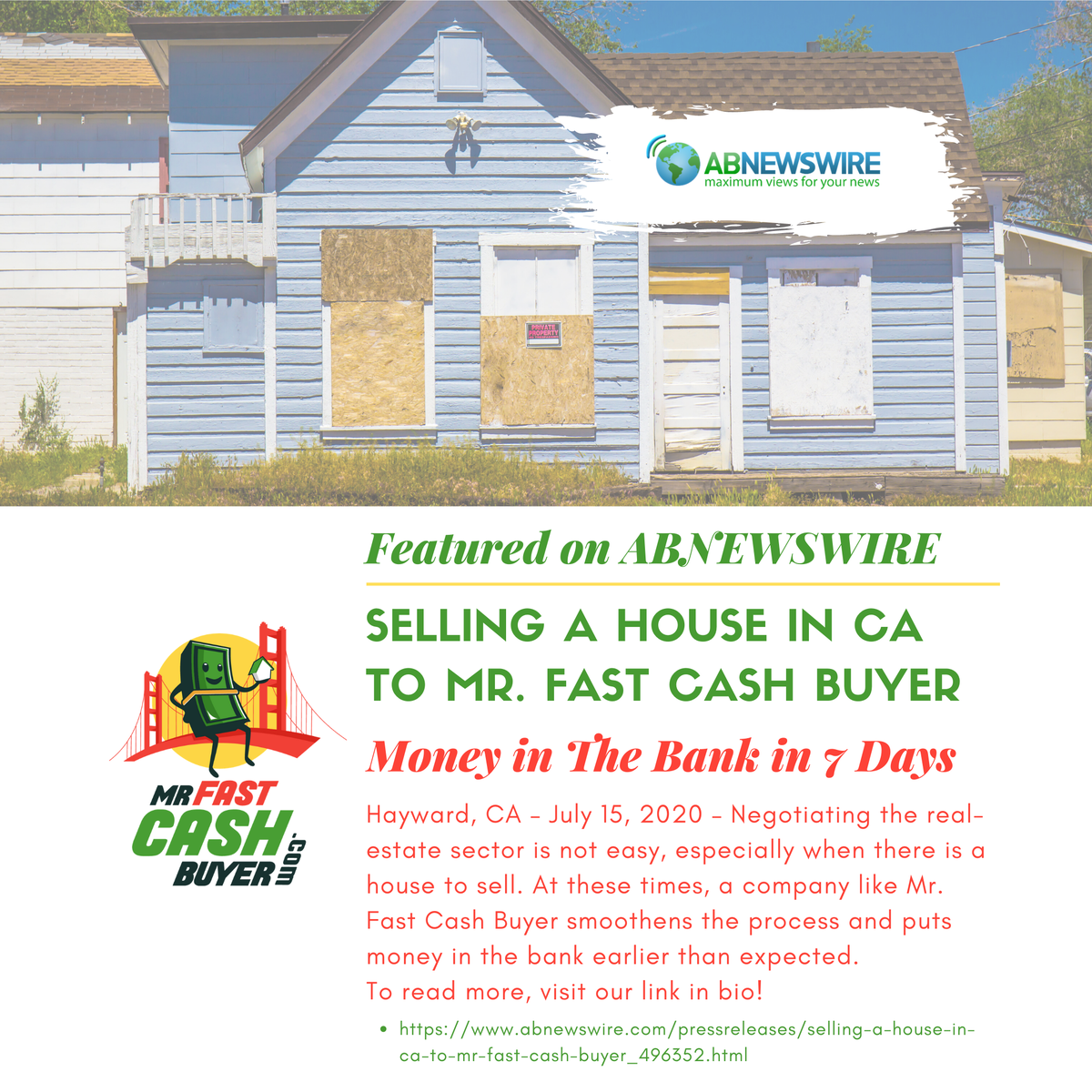 mrfastcashbuys's tweet photo. Check out our Mr. Fast Cash Buyer Press Release featured on ABNewsWire! 🗞️🏠
https://t.co/NDypKdLbqg
#webuyhouses #cash #wepaycash #sellyourhousefast #investors #entrepreneur #wholesaler #wholesale #investing #bayarea #northerncalifornia #sacramento #abnewswire #pressrelease https://t.co/kxyX8fqIVY