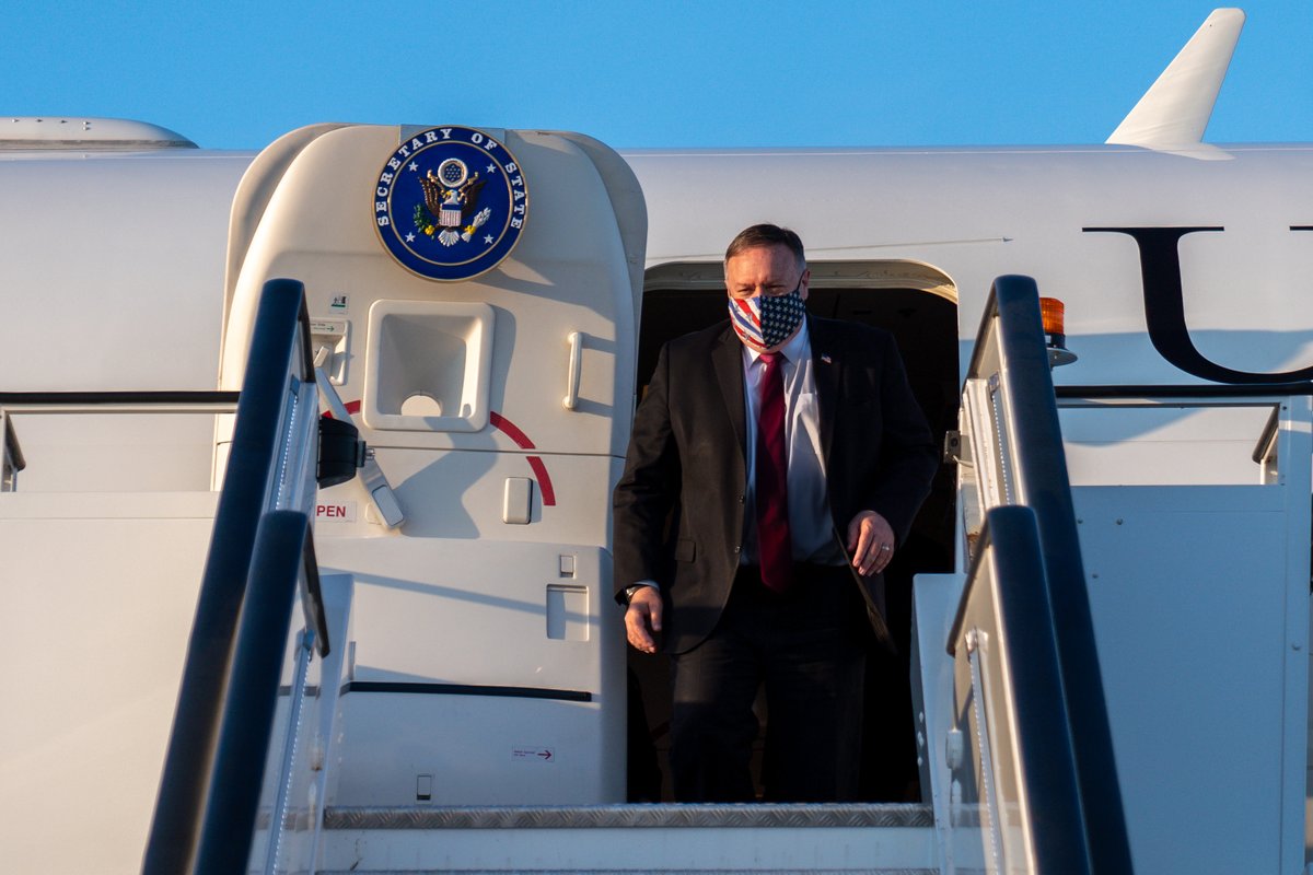 SecPompeo's tweet photo. Great to be back in London to reaffirm the #SpecialRelationship we share with our closest ally. Looking forward to meeting with @BorisJohnson and @DominicRaab as we tackle our most pressing global issues in combating COVID-19 and addressing our shared security challenges. https://t.co/cskYXsWFGE
