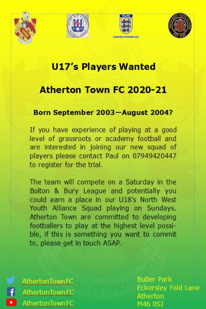 AthertonTownFC's tweet photo. Our U17’s are looking for new players to join their squad. Please contact Paul on the number below

Please share. 

🟨 🟩 https://t.co/FmyF2hrQCp