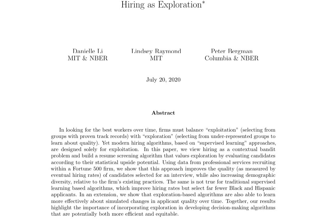 Really impressed with Danielle Li’s talk in #NBERSI Labor today on sophisticated machine learning methods to improve firms’ hiring process. Exploring untapped minority groups can increase diversity AND make employer learning more effective 👇
conference.nber.org/conf_papers/f1…