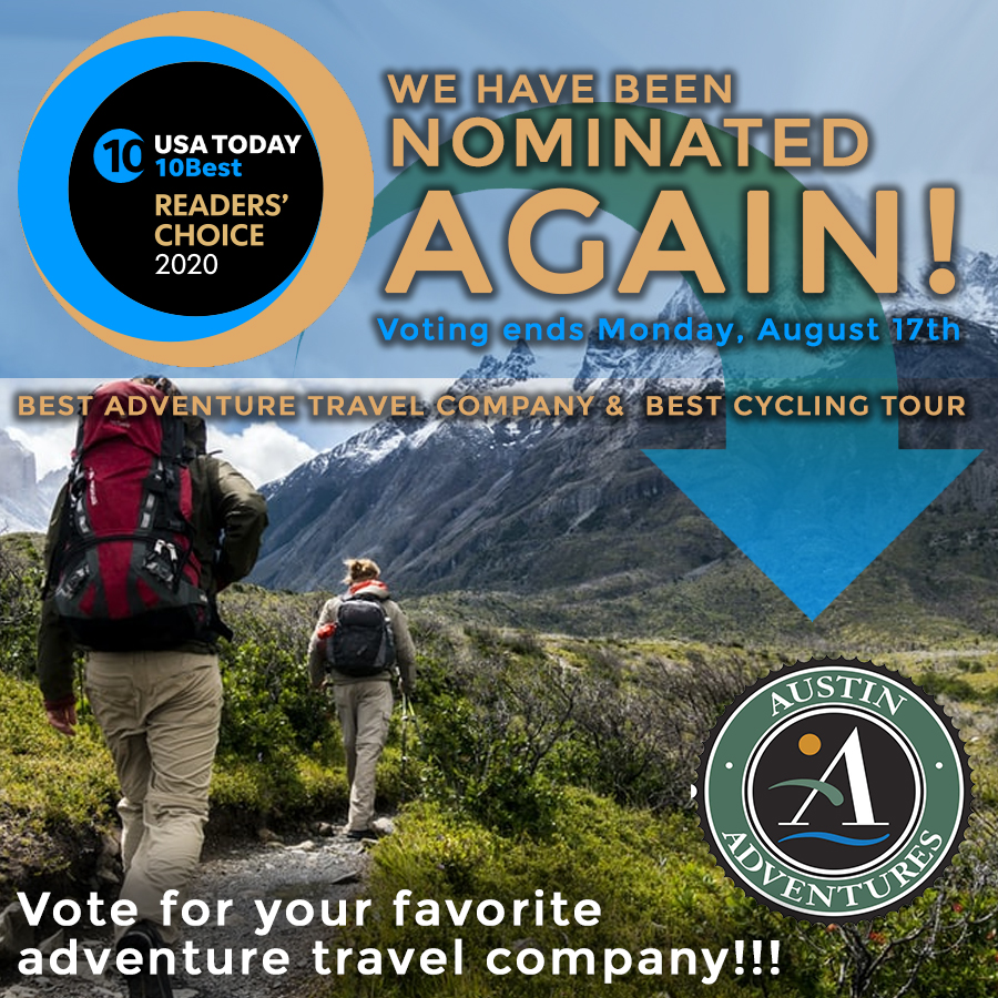 AustnAdventures's tweet photo. VOTE HERE: https://t.co/ZjFalHY4F5

We are proud to announce that Austin Adventures has been nominated for two 2020 USA Today 10Best Readers' Choice travel awards! Please take a minute and give us a vote, like and a share...Yes you can and need to vote everyday for a month. Thx!! https://t.co/UfsCJdKqAW