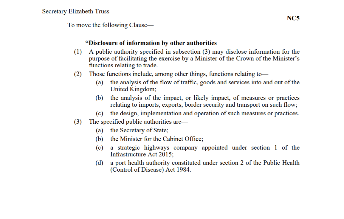 MPs have approved New Clause 5 without a division.The new clause will allow named public authorities to share information for the purpose of facilitating the exercise of a Minister’s functions relating to trade.