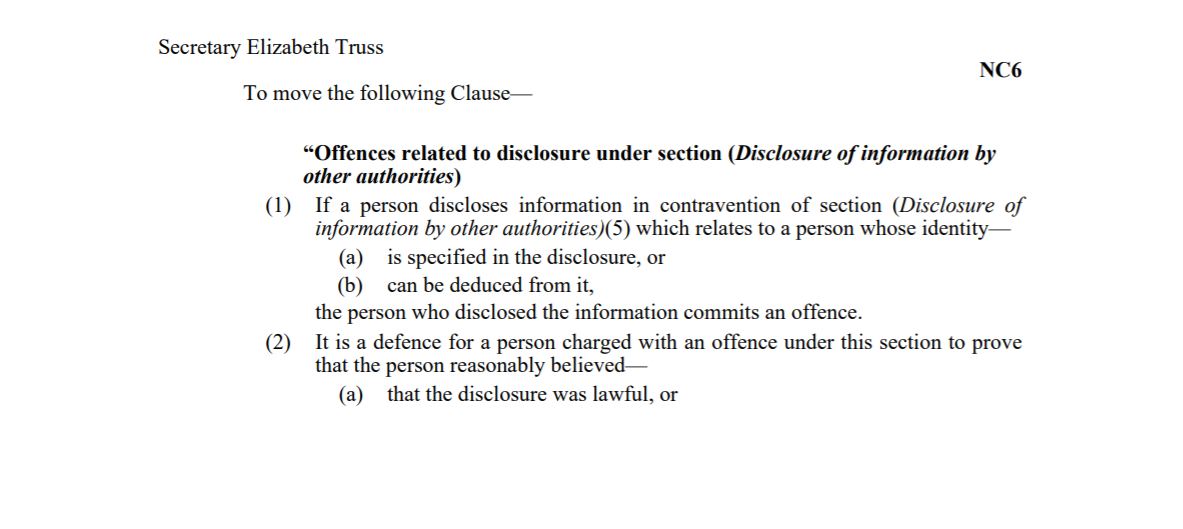 MPs have approved New Clause 6 without a division.This new clause would make it an offence to disclose identifiable personal information in breach of subsection (5) of clause (Disclosure of information by other authorities).