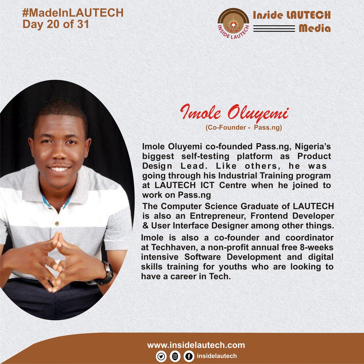 NYSCbro's tweet photo. Day 20 of 31 - @ImoleOluyemi is part of the team that started @pass_ng. He has https://t.co/hVSU10RK70 in Computer Science from LAUTECH. He is a Frontend Developer and and UI/UX Designer. #MadeinLAUTECH #proudlyLadokite #insideLautech https://t.co/aAkW9BtLmq