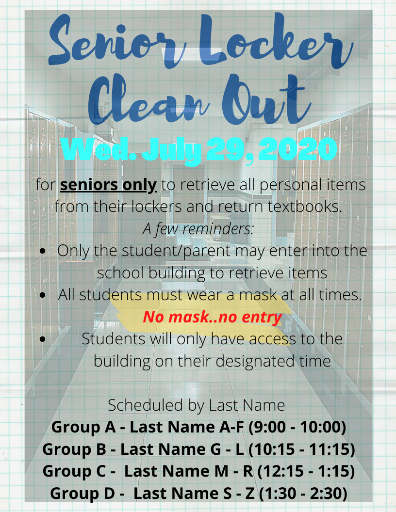 CHS_2k20's tweet photo. Please note the Senior Locker Clean Out will be held WEDNESDAY JULY 29, 2020
The schedule is organized by last names. https://t.co/dNVtAy1UDC
