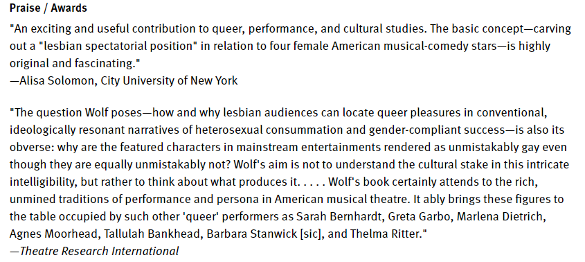 This thread is based on the book "A Problem Like Maria: Gender and Sexuality in the American Musical" by Stacy Wolf, an Associate Professor of Theatre at the University of Texas at Austin. Book info:  https://www.press.umich.edu/11339/problem_like_maria