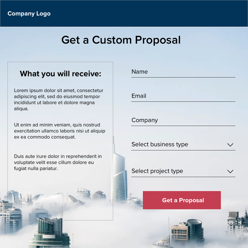 gracehlee01's tweet photo. #dailyui 003
Today I created 'Get a Proposal' landing page following CRO best practices. This includes removing the main navigation menu, clearly stating what the user will receive when they fill out the form, and providing an eye-catching CTA. What else do you think is missing? https://t.co/eEetUN0h2m