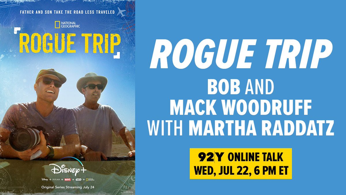 92ndStreetY's tweet photo. Catch up with @ABC @BobWoodruff and his son Mack as they talk to @MarthaRaddatz about their new @disneyplus
@NatGeo travel series, Rogue Trip, this Wed, Jul 22, 6 pm ET. Free! Get notified here:
https://t.co/PshGlHSLxN https://t.co/jfJS54Gnh1