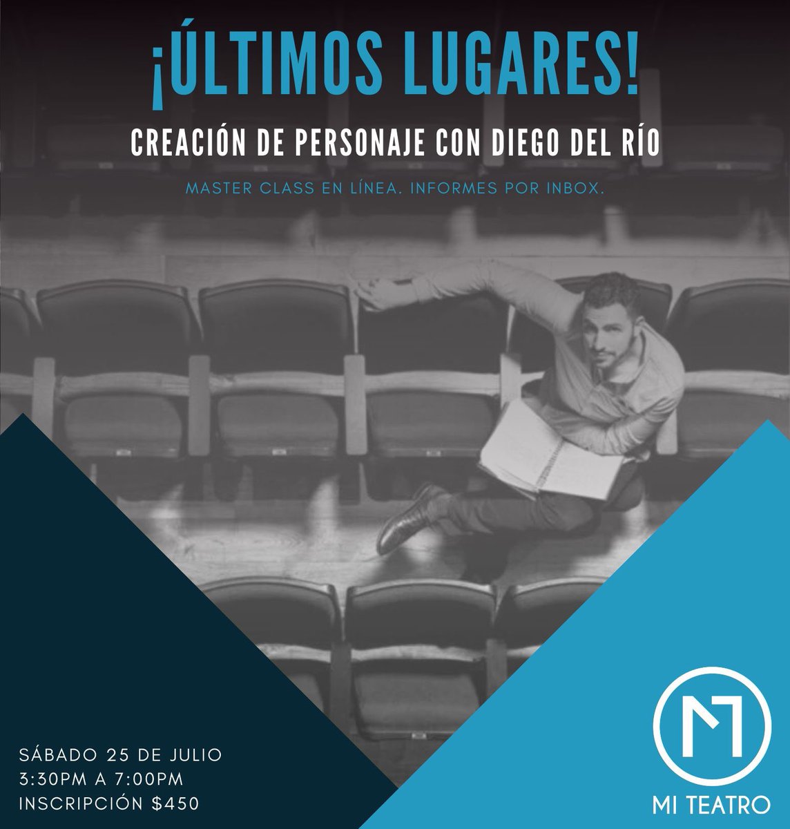 ¡ÚLTIMOS LUGARES! ⚠️ No te quedes fuera de la Master Class con @DiegoDlRio, uno de los directores de teatro más importantes en México. 🎭 Conoce diferentes técnicas y obtén herramientas prácticas para cualquier actor. 📚 Informes por inbox. 📥 #MITEATROencasa