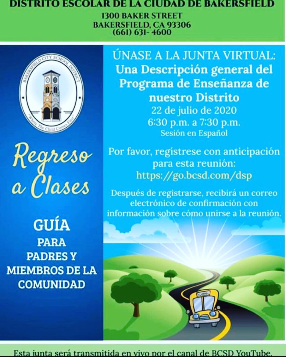 Parents it’s no secret the 20-21 school year will be different than previous school years. Please register for this meeting to get more info. The english session is on July 22, 5:30-6:30. The Spanish session is also July 22, but from 6:30-7:30 #ChampionChargers🏆 #TeamBCSD