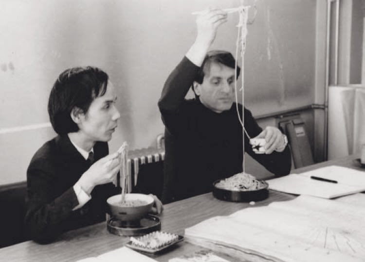 NormalComposers's tweet photo. Toru Takemitsu and Iannis Xenakis eating soba. https://t.co/ODF9qpwlfI