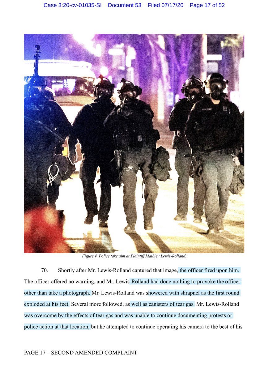 Now that you’ve been really patient, the Plaintiff’s 2nd Amended Complaint https://ecf.ord.uscourts.gov/doc1/15107605012?caseid=153126I need to be clear this isn’t about protestorsIt’s abt  @realDonaldTrump  @DHSgov  @USMarshalsHQ using violence against Reporters & Legal advisors.This is NOT what we do in America