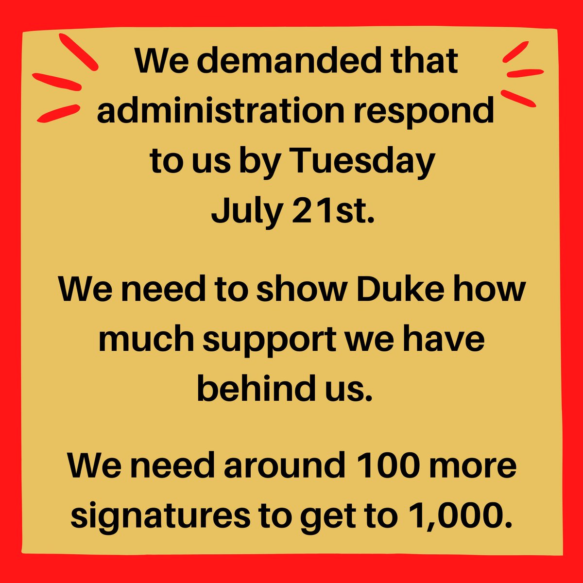 DukeBCAP's tweet photo. One more day until we expect for administration to respond to us. Read our full demands and sign in support here! https://t.co/eSAEDF4ZFu https://t.co/1gibUxZfkX