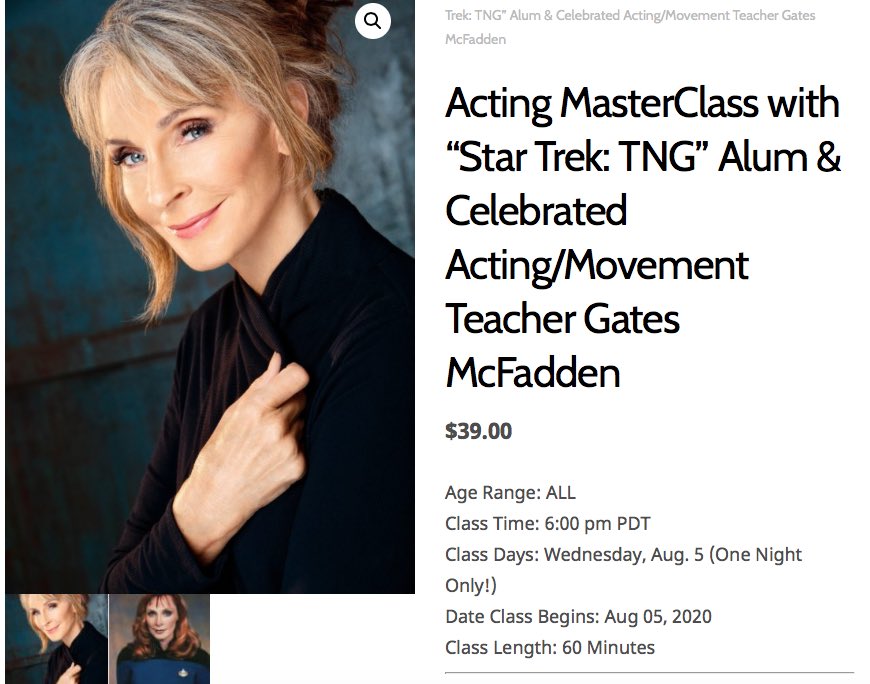 StepUponAStar's tweet photo. Don’t miss your chance to grab one of the very limited spots in a virtual zoom acting class lead on Wed Aug 5 by celebrated acting coach - and #StarTrek #StarTrekTNG star @gates_mcfadden #gatesmcfadden. https://t.co/4jT4UdzN6x https://t.co/9Coa91Hxf0
