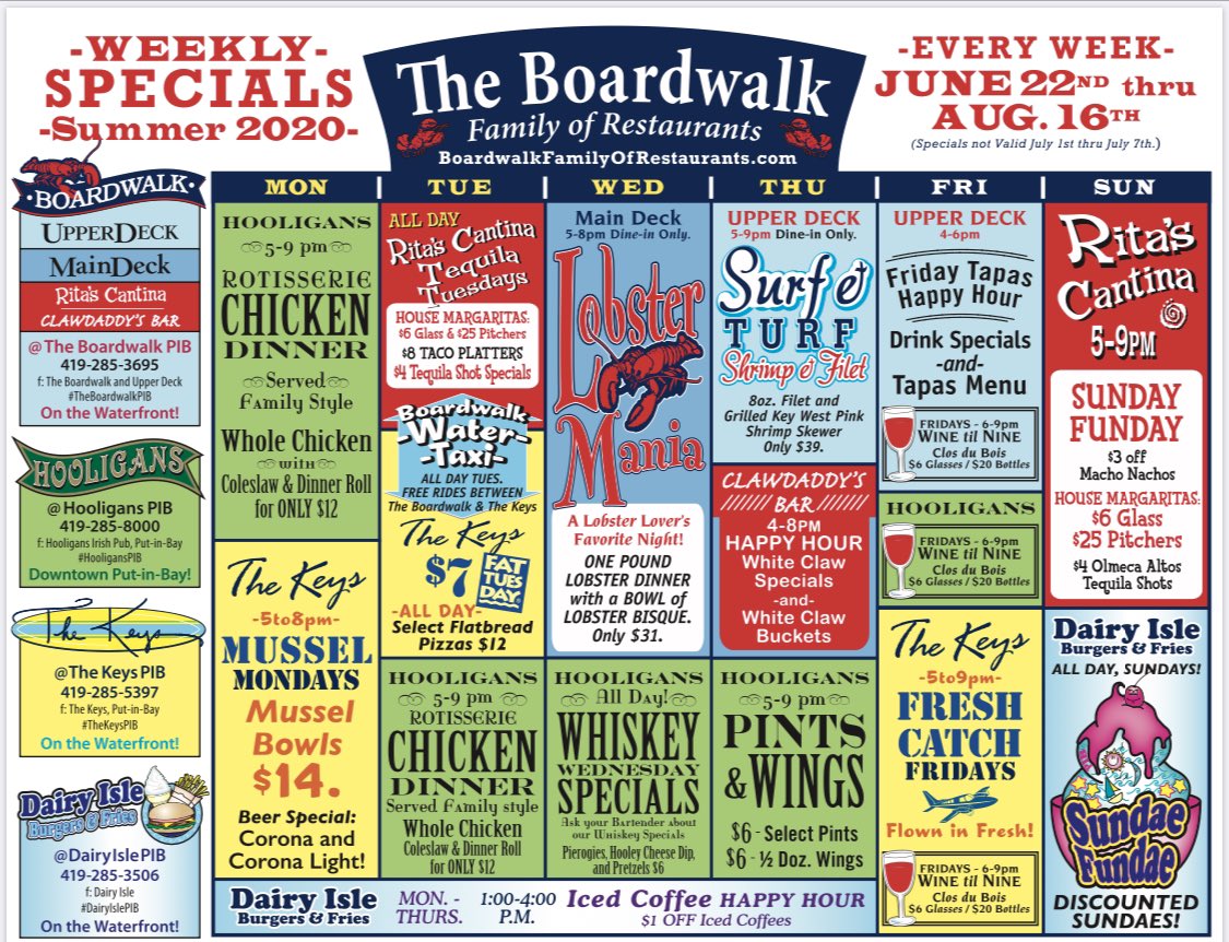 So many great specials, events and fun happening at all The Boardwalk Family of Restaurants every day of the week! #pib #lakeerie #putinbay #lakeerielove #exploreohio