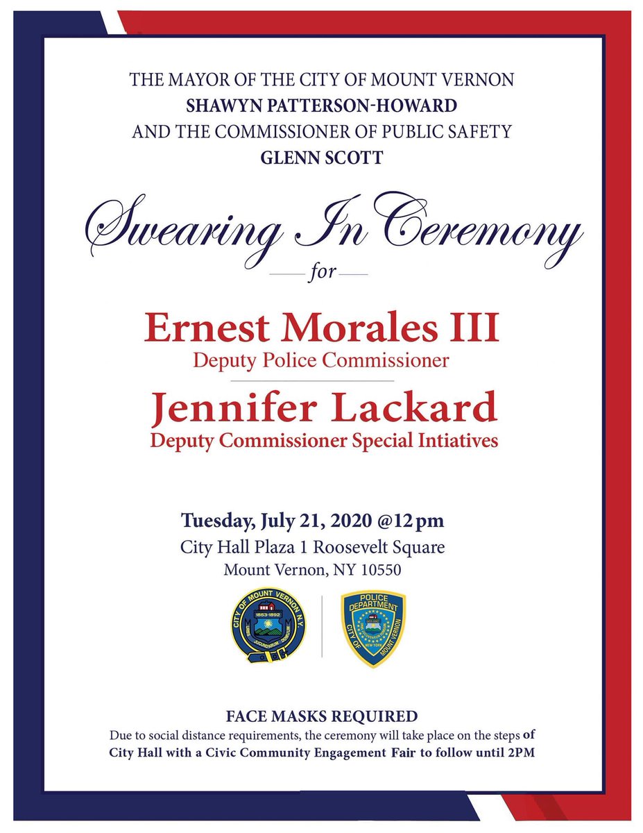 MtVernonPolice's tweet photo. Tomorrow, Tuesday, July 21st at 12 PM at City Hall, join us as we swear in Ernest Morales III as our First Deputy Police Comissioner and Jennifer Lackard as our Deputy PC for Special Initiatives. 

#CMVNY #MtVernonPolice #MVSafe    #thinblueline  #mountvernonny #forwardtogether https://t.co/8Vkjov727l