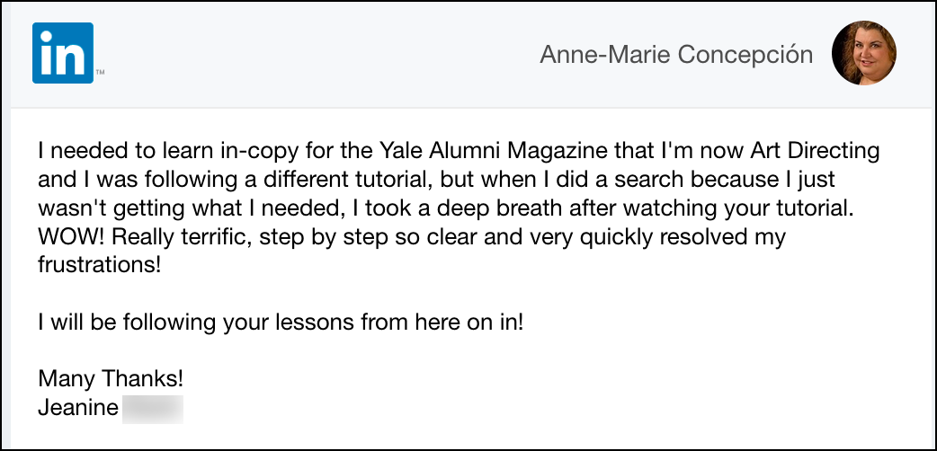 amarie's tweet photo. Sweet email! Nice to know my insanely in-depth 9-hour @AdobeDesign #InCopy course on @LI_learning continues to help publishing teams kick the Word/PDF habit. Here’s a free 30-day trial for you https://t.co/IOVDoZ7Add … this title is #InDesign and #InCopy: Collaborative Workflows https://t.co/lvLwSrbEh2