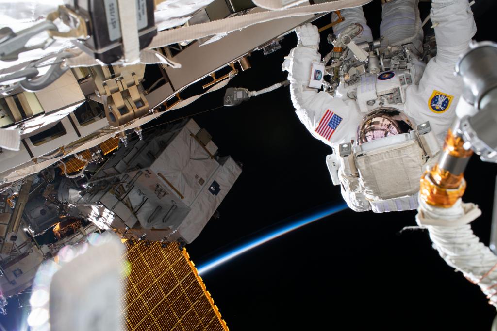 NASA's tweet photo. Set your alarm, make your cold brew, and get ready for a spacewalk tomorrow morning ☕ 👨‍🚀

@Astro_SEAL and @AstroBehnken will be completing 3.5 years of upgrades to the @Space_Station’s power system. Coverage begins at 6am ET: https://t.co/78cO021aVu https://t.co/S40YtKmy8Y