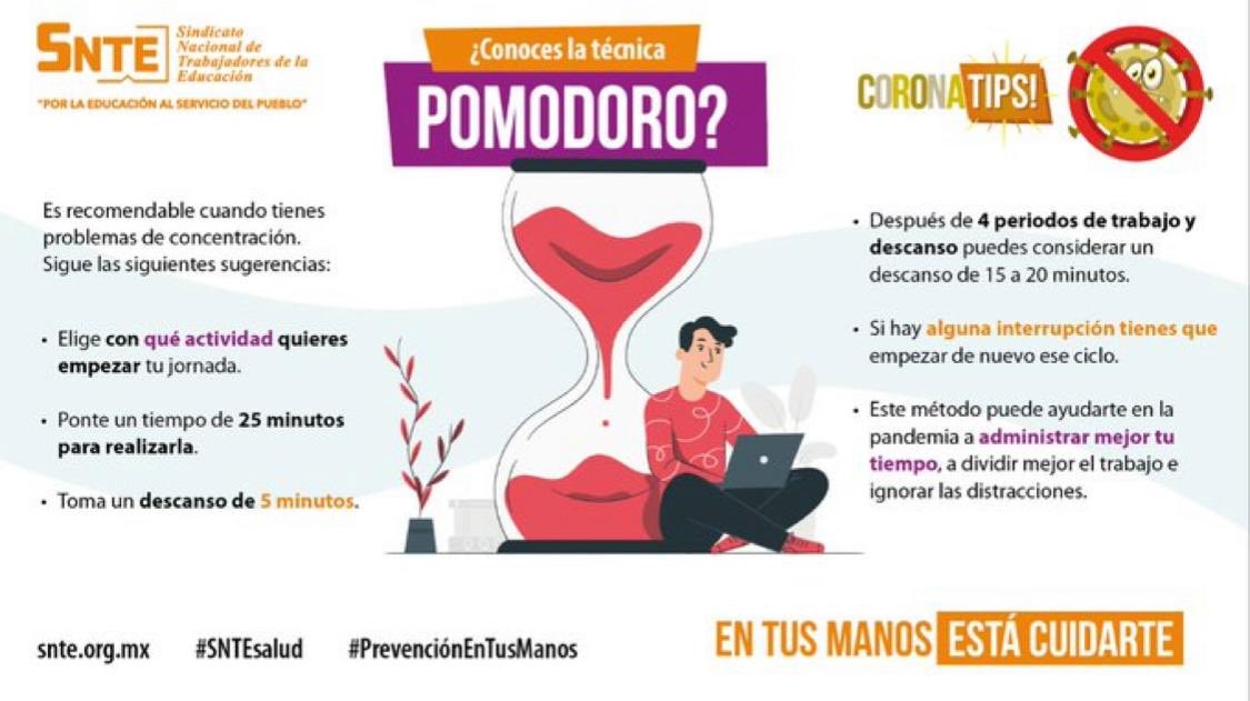 CinthiaRosadoCo's tweet photo. #SNTEsalud ⚕️
✅ Si tienes problemas de concentración 😳 por el aislamiento social 🏡🧍por #Coronavirus #COVID19 🦠 practica la Técnica Pomodoro✔️Sabes qué es❓
#QuédateEnCasa
#FelizLunes #20Julio #HordaPoderosa #InicioDeSemana #tristeturno #COVIDー19 #vacuna #BuenDia #COVID https://t.co/NQYo3kmDQu