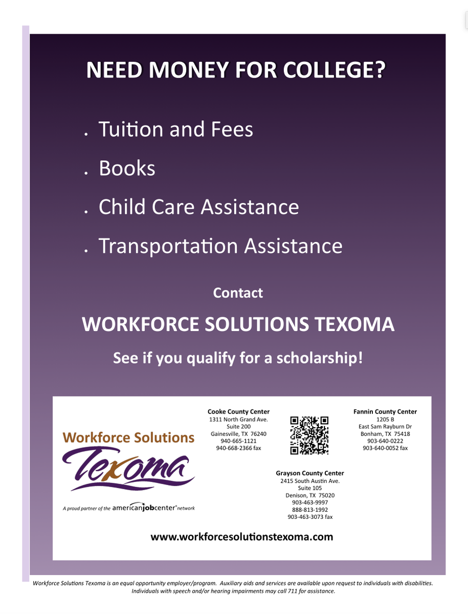 nctclions's tweet photo. If you're in need of financial assistance, contact Workforce Solutions Texoma! They may be able to help you with books, tuition, childcare and more! #NCTC #WorkforceSolutionsTexoma #Community https://t.co/1wVcWY59t7