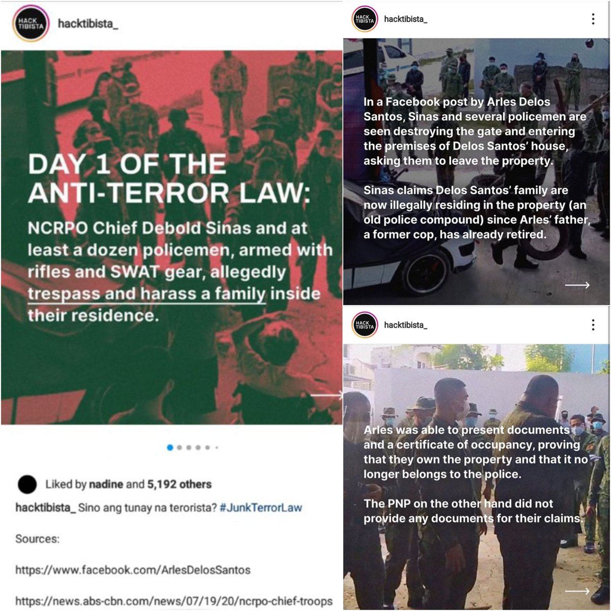 Sharing an account's post about a civilian's recounting of aĺleged abuse and constitutional rights violations the day the Anti-Terror Law took effect. nadine igs (July 21, 2020)/hacktibista_