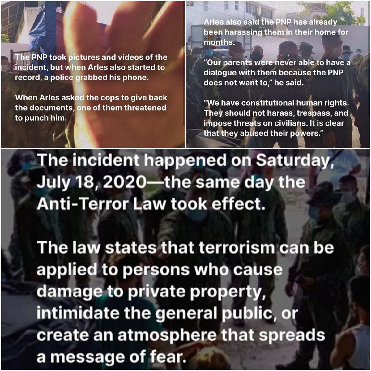 Sharing an account's post about a civilian's recounting of aĺleged abuse and constitutional rights violations the day the Anti-Terror Law took effect. nadine igs (July 21, 2020)/hacktibista_